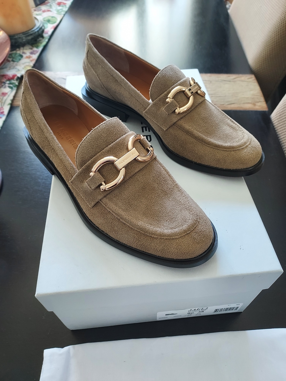 Robert Clergerie Taupe Suede Loafers with Gold Hardware, 38/8